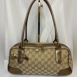 Gucci Gold Leather GG Canvas Princy Boston Bag